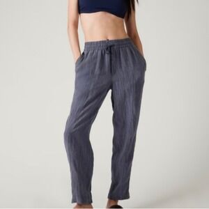 Athleta Retreat Linen Straight Leg Pant Navy Blue Textured Drawstring XS  Resort